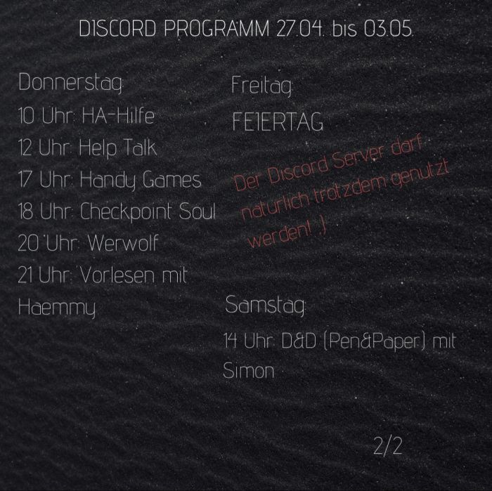 Programm Discord vom 20.04. bis 26.04. 2